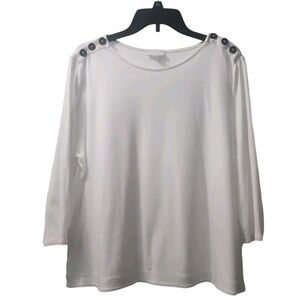 J. Jill Button Shoulder Top‎ 3/4 Sleeve Crew Neck White Blouse Size L